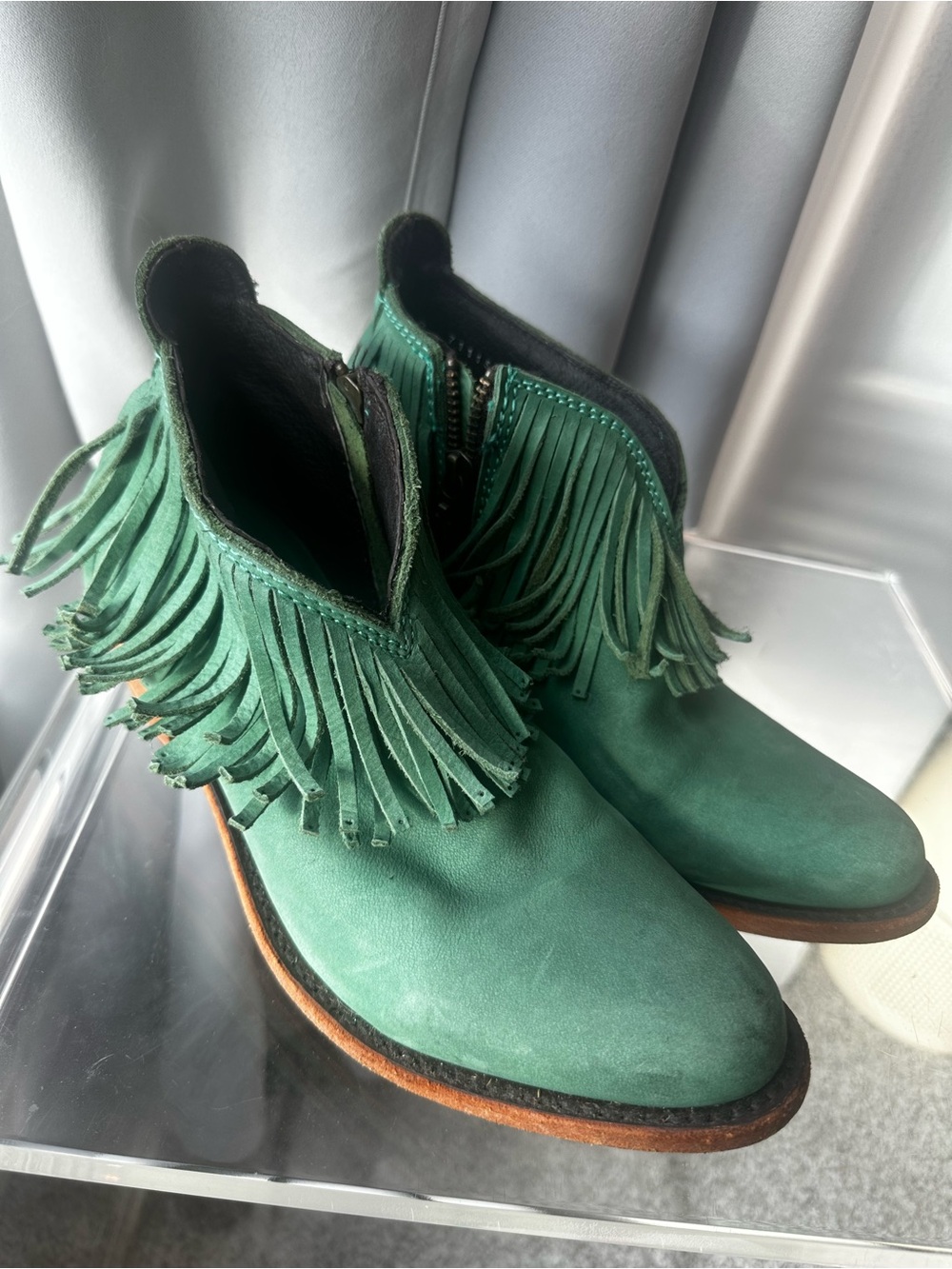 Liberty Black Nomad Leather Fringe Ankle Booties - Sz 6.5 - Green - EUC - Picture 11 of 13
